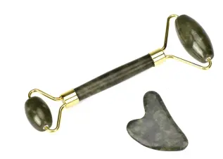 Hahne Gem Gua Sha Set: Bågformad grön Jade roller med sten