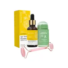 AA-Ej-vald Rosa jade roller med Clay mask stick och vitamin C serum